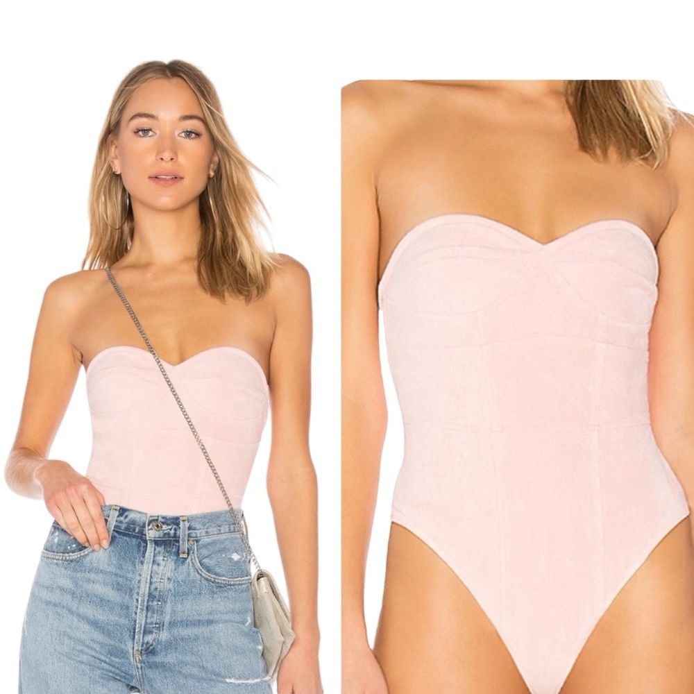 NWOT Revolve by the way. Carla Faux Suede Pink Strapless Corset Thong Bodysuit S